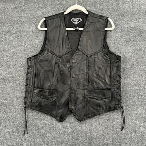 Diamond Plate Buffalo Leather Patchwork Biker Vest Size M Black Lace Up Lined